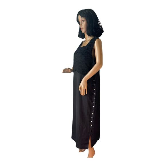 Vintage Cali Cali black Linen Crochet Sleeveless Maxi Dress button size 14 P - Picture 8 of 13